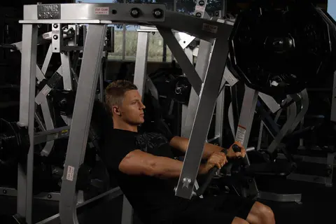 Leverage Decline Chest Press — end position